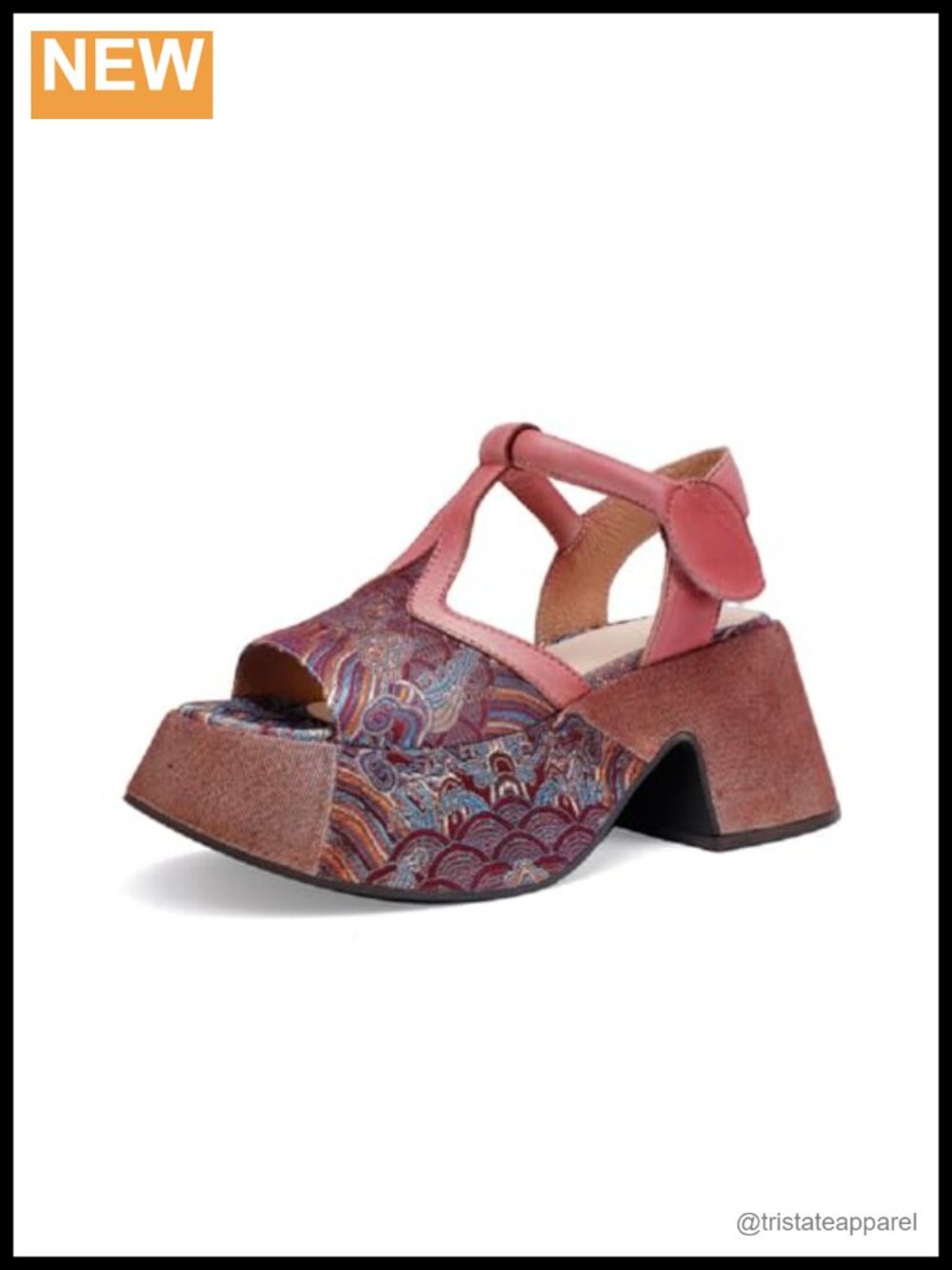 Platform Sandals Floral Leather Chunky Sole Ankle Strap Casual